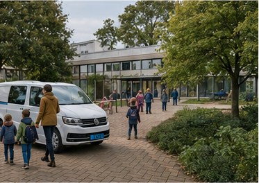Witte taxibus bij een school voor speciaal onderwijs