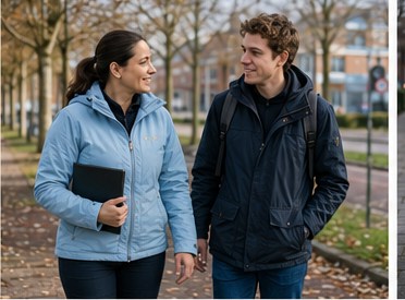 Ervaren adviseur en jongere collega lopen samen mee
